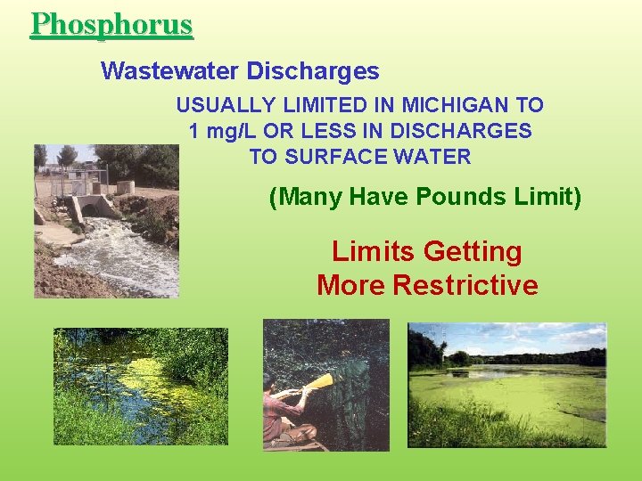 Phosphorus Wastewater Discharges USUALLY LIMITED IN MICHIGAN TO 1 mg/L OR LESS IN DISCHARGES
