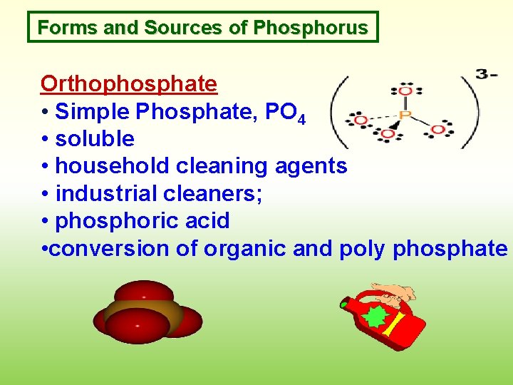 Forms and Sources of Phosphorus Orthophosphate • Simple Phosphate, PO 4 • soluble •
