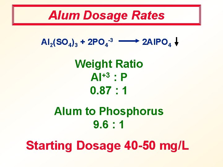 Alum Dosage Rates Al 2(SO 4)3 + 2 PO 4 -3 2 Al. PO