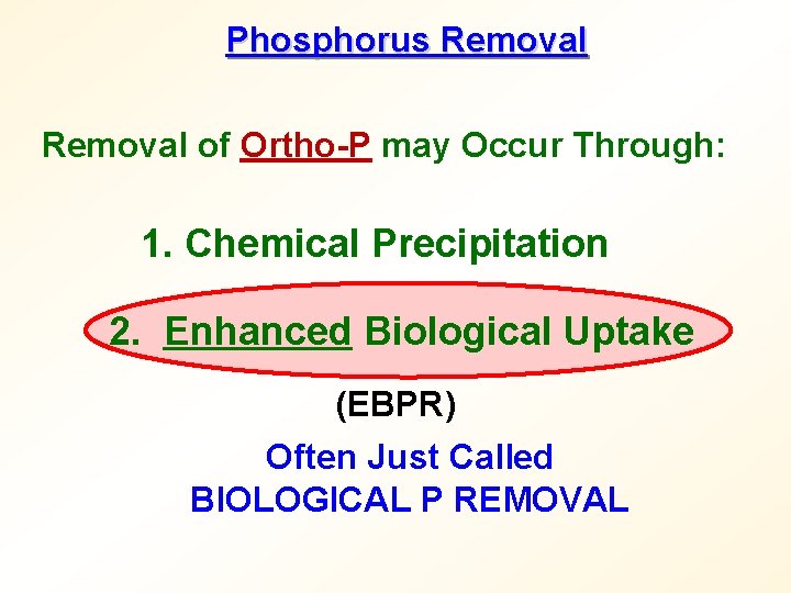 Phosphorus Removal of Ortho-P may Occur Through: 1. Chemical Precipitation 2. Enhanced Biological Uptake