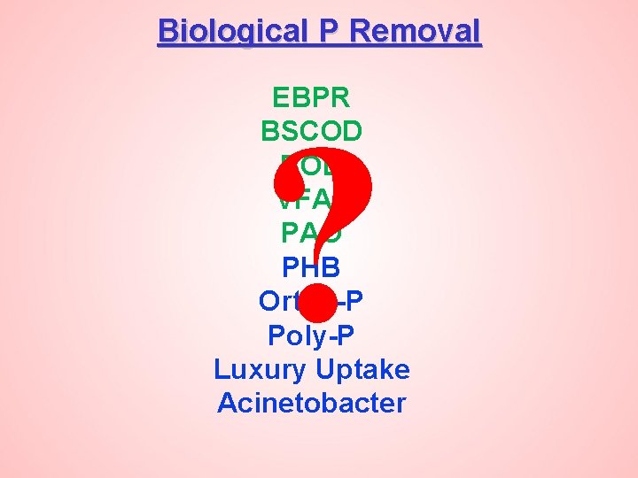 Biological P Removal EBPR BSCOD BOD VFAs PAO PHB Ortho-P Poly-P Luxury Uptake Acinetobacter