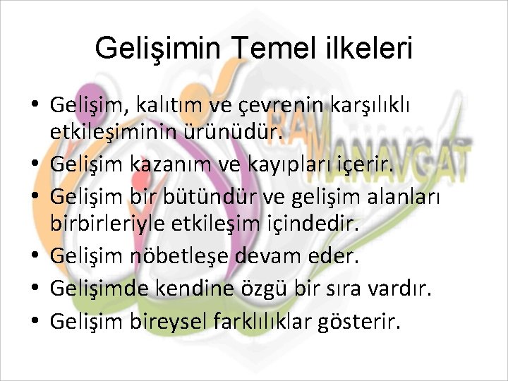 Gelişimin Temel ilkeleri • Gelişim, kalıtım ve çevrenin karşılıklı etkileşiminin ürünüdür. • Gelişim kazanım