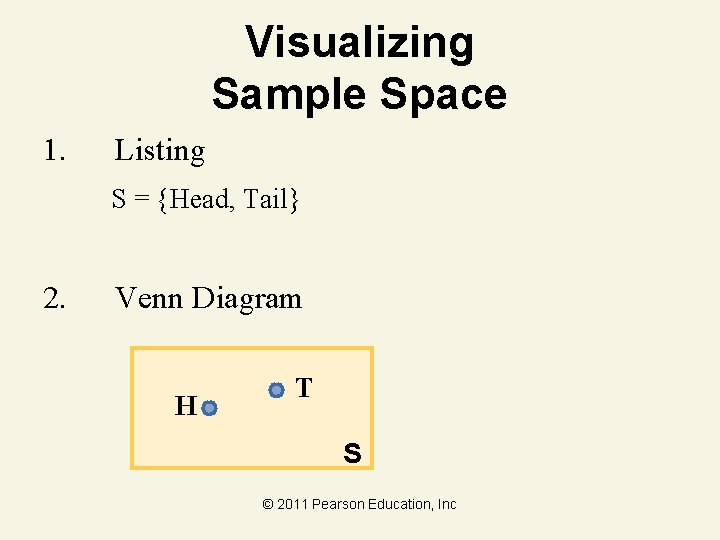 Visualizing Sample Space 1. Listing S = {Head, Tail} 2. Venn Diagram H T