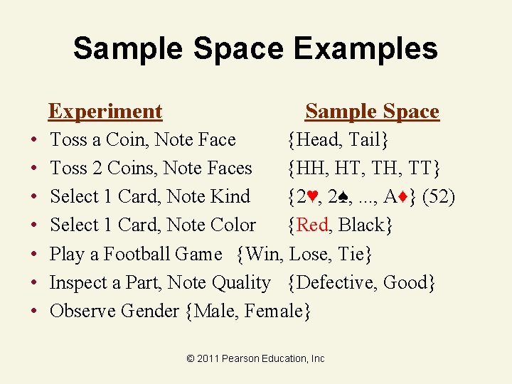 Sample Space Examples Experiment • • Sample Space Toss a Coin, Note Face {Head,