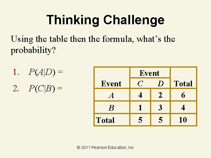 Thinking Challenge Using the table then the formula, what’s the probability? 1. P(A|D) =