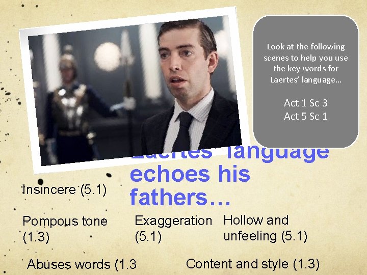 Look at the following scenes to help you use the key words for Laertes’