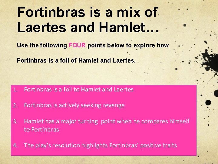 Fortinbras is a mix of Laertes and Hamlet… Use the following FOUR points below