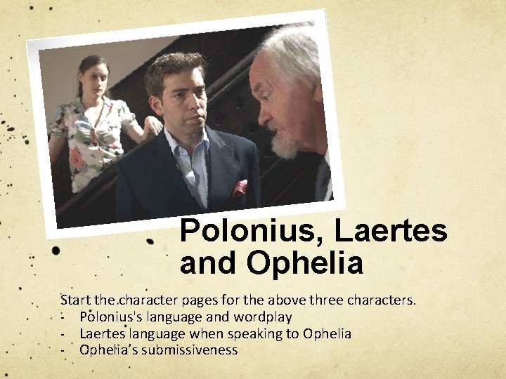 Polonius, Laertes and Ophelia Start the character pages for the above three characters. -