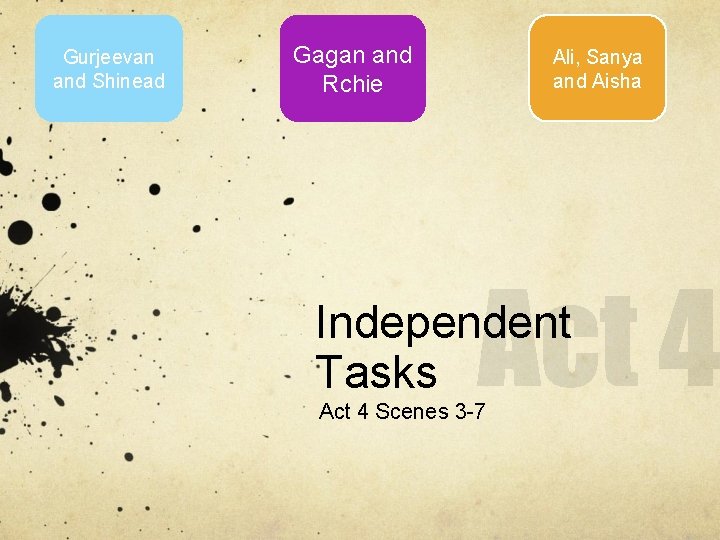 Gurjeevan and Shinead Gagan and Rchie Ali, Sanya and Aisha Independent Tasks Act 4