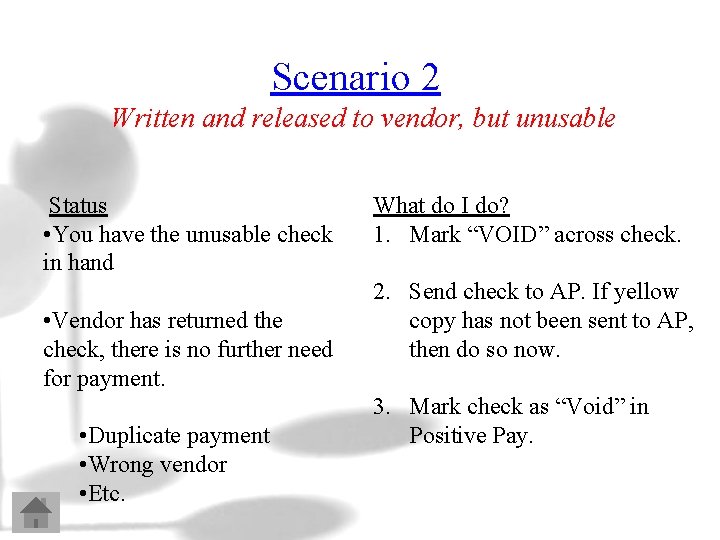 Scenario 2 Written and released to vendor, but unusable Status • You have the