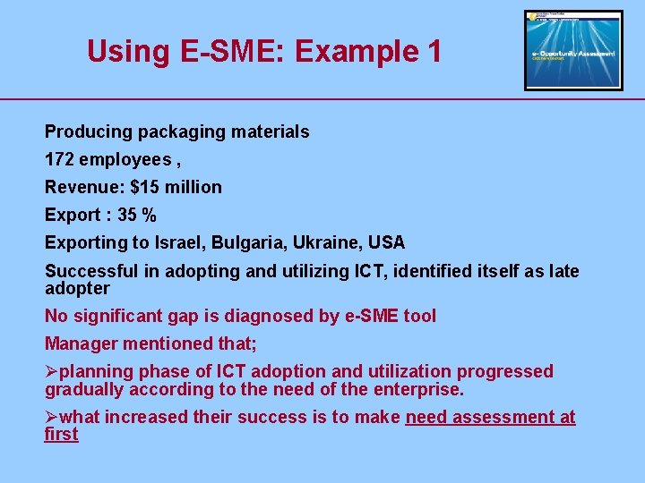 Using E-SME: Example 1 Producing packaging materials 172 employees , Revenue: $15 million Export