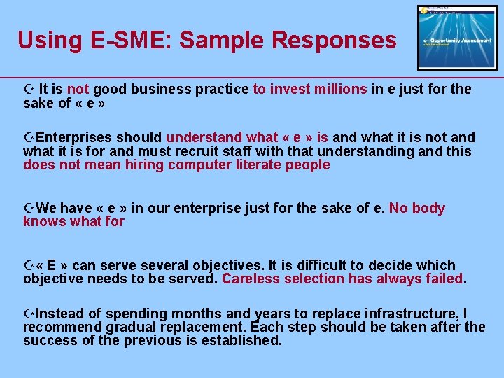 Using E-SME: Sample Responses Z It is not good business practice to invest millions