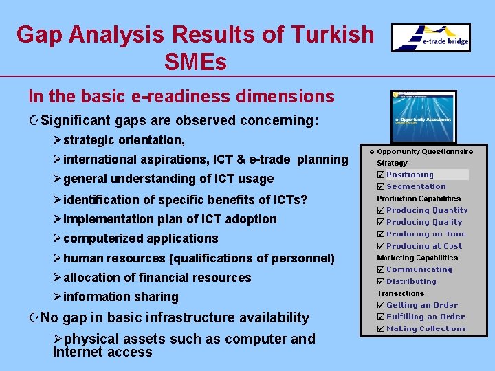 Gap Analysis Results of Turkish SMEs In the basic e-readiness dimensions ZSignificant gaps are