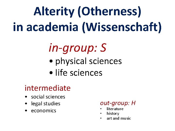 Alterity (Otherness) in academia (Wissenschaft) in-group: S • physical sciences • life sciences intermediate