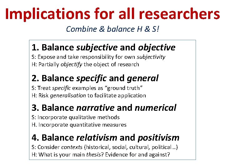 Implications for all researchers Combine & balance H & S! 1. Balance subjective and
