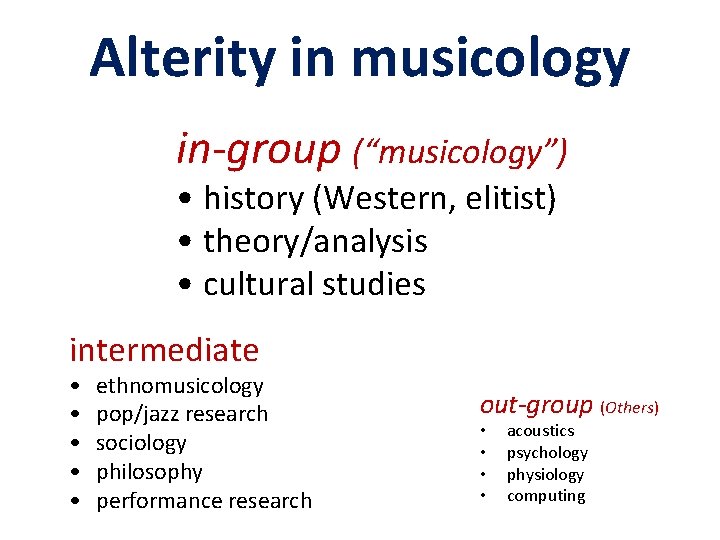 Alterity in musicology in-group (“musicology”) • history (Western, elitist) • theory/analysis • cultural studies