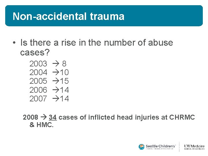 Non-accidental trauma • Is there a rise in the number of abuse cases? 2003 Non-accidental trauma • Is there a rise in the number of abuse cases? 2003