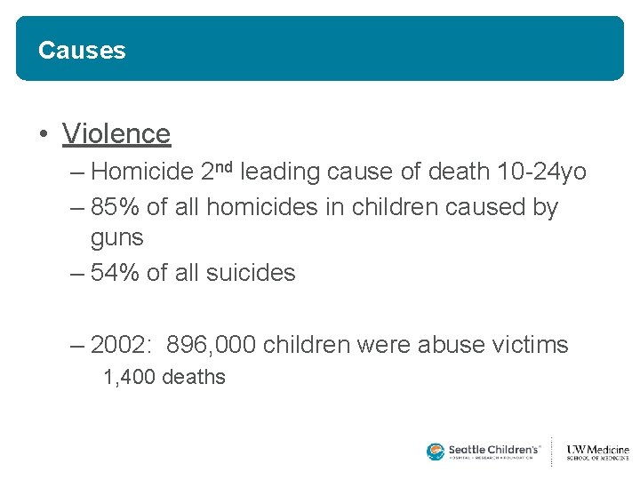 Causes • Violence – Homicide 2 nd leading cause of death 10 -24 yo Causes • Violence – Homicide 2 nd leading cause of death 10 -24 yo