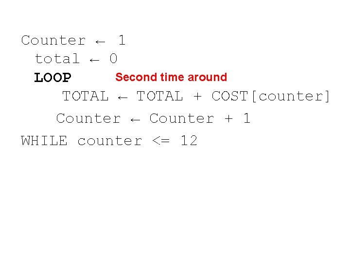 Counter ← 1 total ← 0 Second time around LOOP TOTAL ← TOTAL +