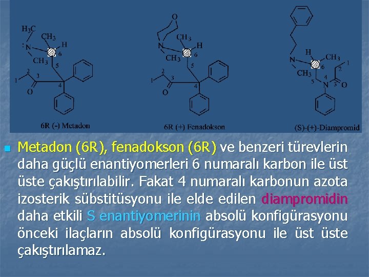 n Metadon (6 R), fenadokson (6 R) ve benzeri türevlerin daha güçlü enantiyomerleri 6