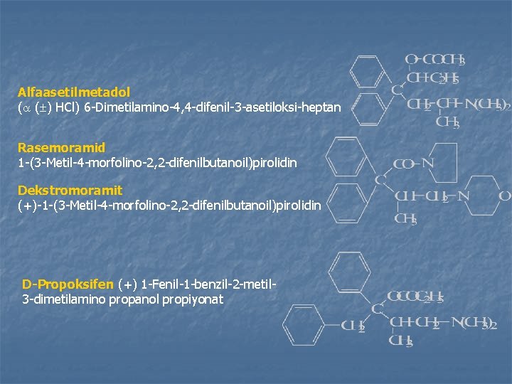 Alfaasetilmetadol ( ( ) HCl) 6 -Dimetilamino-4, 4 -difenil-3 -asetiloksi-heptan Rasemoramid 1 -(3 -Metil-4