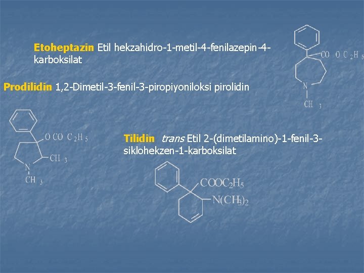 Etoheptazin Etil hekzahidro-1 -metil-4 -fenilazepin-4 karboksilat Prodilidin 1, 2 -Dimetil-3 -fenil-3 -piropiyoniloksi pirolidin Tilidin