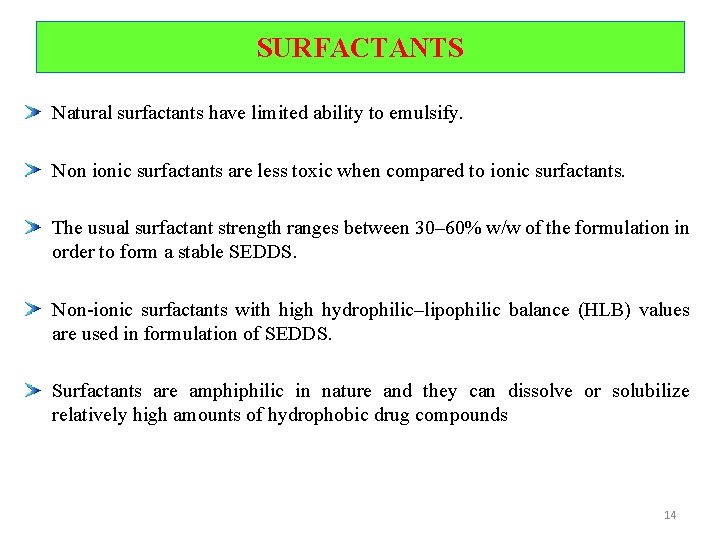 SURFACTANTS Natural surfactants have limited ability to emulsify. Non ionic surfactants are less toxic