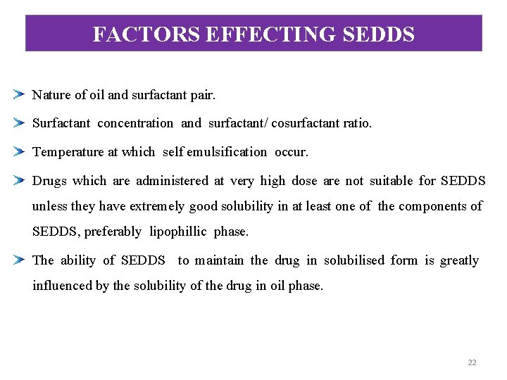 FACTORS EFFECTING SEDDS Nature of oil and surfactant pair. Surfactant concentration and surfactant/ cosurfactant