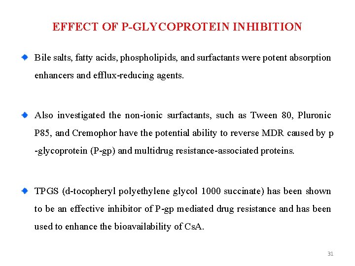 EFFECT OF P-GLYCOPROTEIN INHIBITION Bile salts, fatty acids, phospholipids, and surfactants were potent absorption