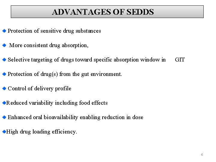 ADVANTAGES OF SEDDS Protection of sensitive drug substances More consistent drug absorption, Selective targeting