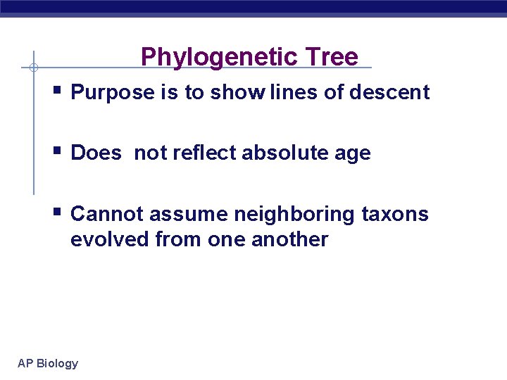 Phylogenetic Tree § Purpose is to show lines of descent § Does not reflect