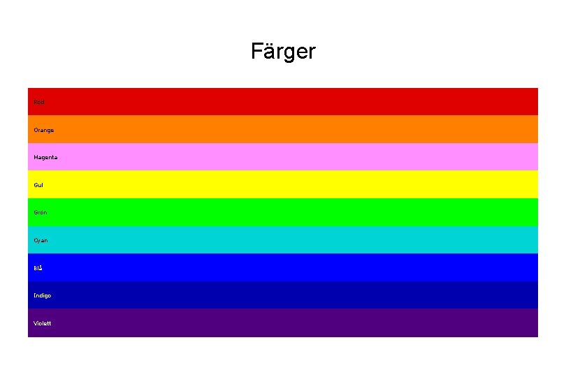 Färger Röd Orange Magenta Gul Grön Cyan Blå Indigo Violett 