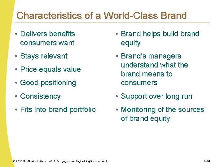 Characteristics of a World-Class Brand • Delivers benefits consumers want • Brand helps build