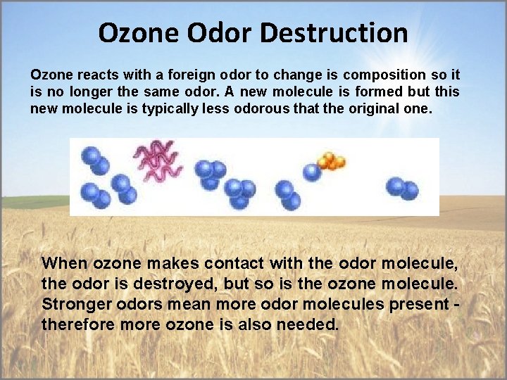 Ozone Odor Destruction Ozone reacts with a foreign odor to change is composition so