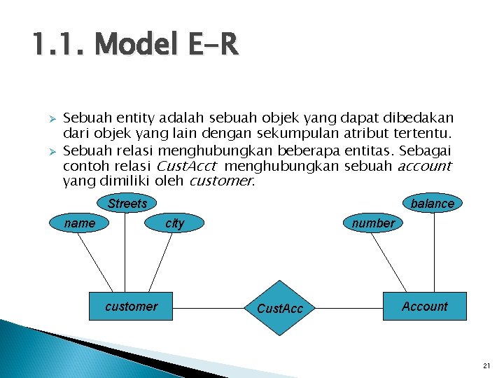 1. 1. Model E-R Ø Ø Sebuah entity adalah sebuah objek yang dapat dibedakan