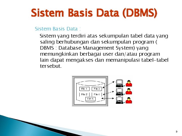 Sistem Basis Data (DBMS) Sistem Basis Data : Sistem yang terdiri atas sekumpulan tabel