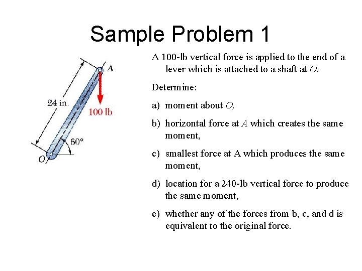 Sample Problem 1 A 100 -lb vertical force is applied to the end of