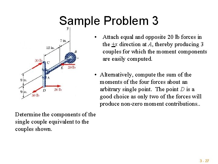 Sample Problem 3 • Attach equal and opposite 20 lb forces in the +x