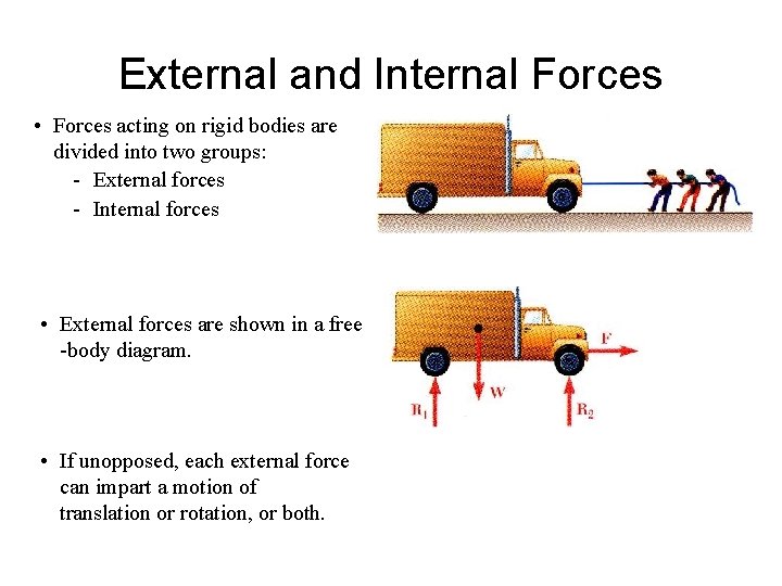 External and Internal Forces • Forces acting on rigid bodies are divided into two