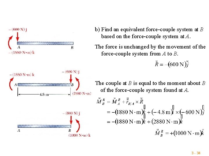 b) Find an equivalent force-couple system at B based on the force-couple system at