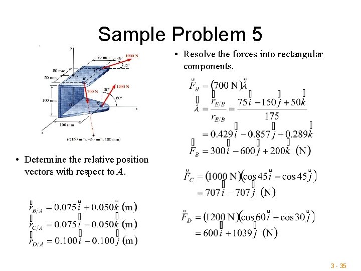Sample Problem 5 • Resolve the forces into rectangular components. • Determine the relative