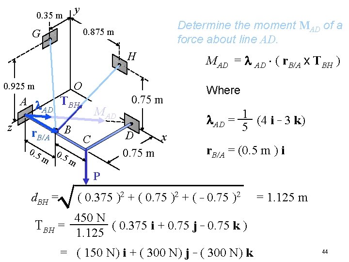 y 0. 35 m Determine the moment MAD of a force about line AD.