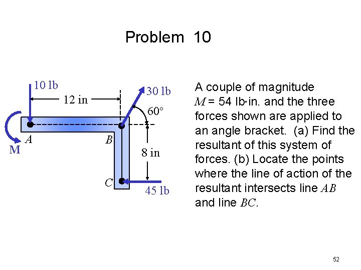 Problem 10 10 lb 30 lb 12 in M A 60 o B C