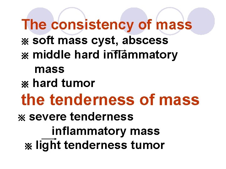 The consistency of mass soft mass cyst, abscess ※ middle hard inflammatory mass ※