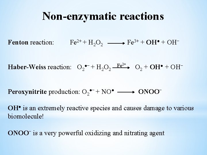 Non-enzymatic reactions Fenton reaction: Fe 2+ + H 2 O 2 Haber-Weiss reaction: O