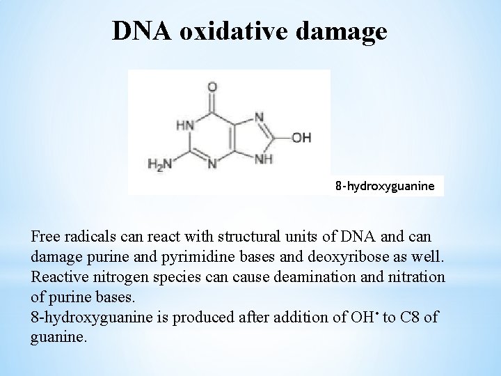 DNA oxidative damage 8 -hydroxyguanine Free radicals can react with structural units of DNA