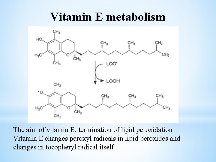 Vitamin E metabolism The aim of vitamin E: termination of lipid peroxidation Vitamin E