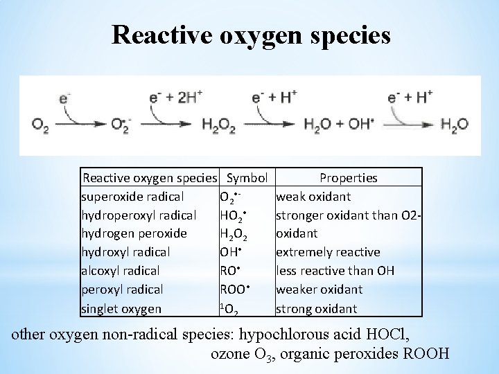 Reactive oxygen species Symbol superoxide radical O 2 • hydroperoxyl radical HO 2 •