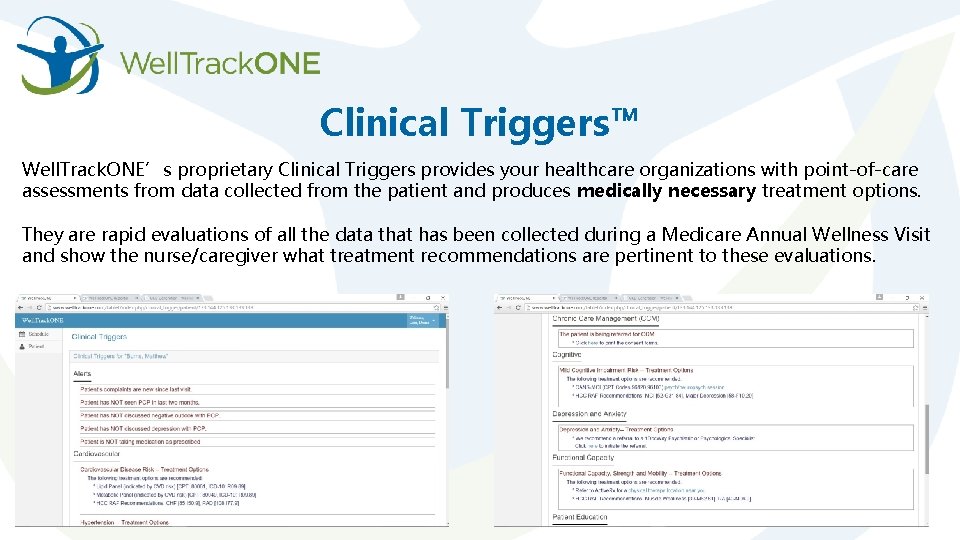 Clinical Triggers™ Well. Track. ONE’s proprietary Clinical Triggers provides your healthcare organizations with point-of-care