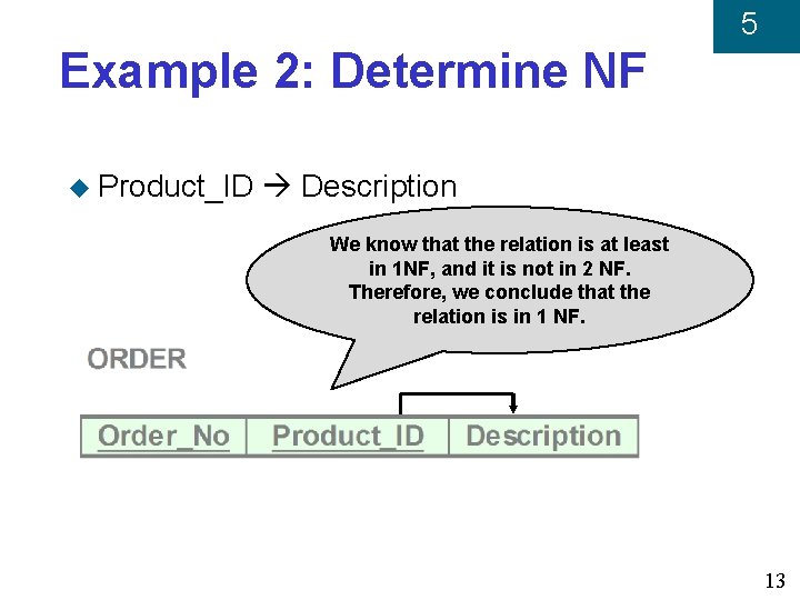 5 Example 2: Determine NF u Product_ID Description We know that the relation is